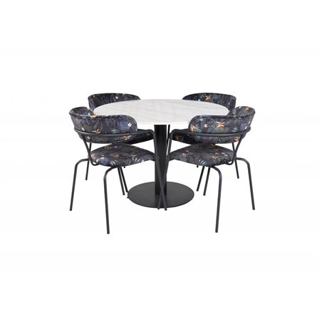 Estelle Round Dining Table ø106 H75 - White / Black, Arrow armchair - Black Legs - Black Flower printed Fabric_4