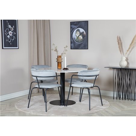 Estelle Round Dining Table ø106 H75 - White / Black, Arrow armchair - Black Legs - Grey Velvet_4