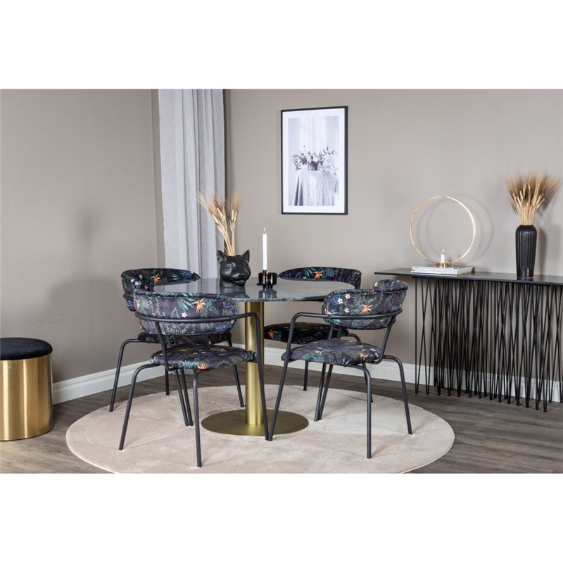 Estelle Round Dining Table ø106 H75 - Black / Brass, Arrow armchair - Black Legs - Black Flower printed Fabric_4