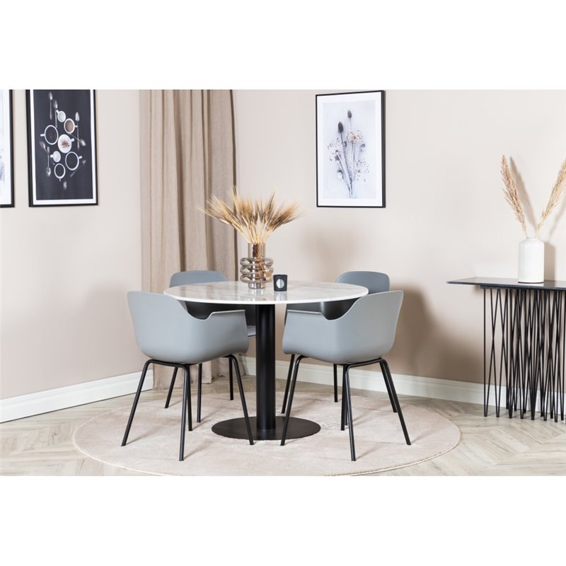 Estelle Round Dining Table ø106 H75 - White / Black, Comfort Plastic Dining Chair - Black Legs - Grey Plastic_4