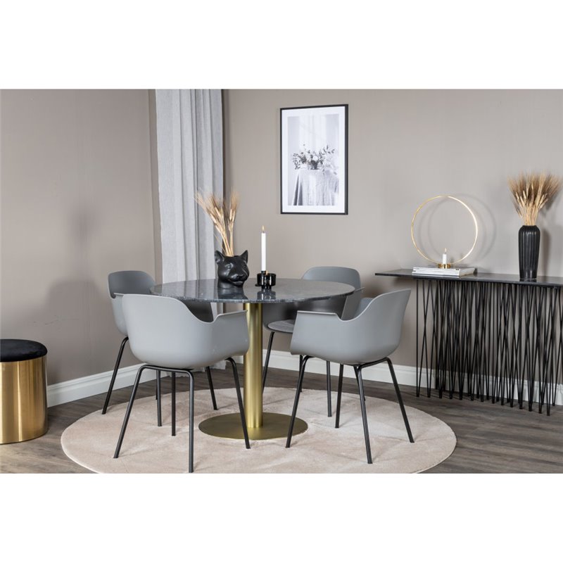 Estelle Round Dining Table ø106 H75 - Black / Brass, Comfort Plastic Dining Chair - Black Legs - Grey Plastic_4