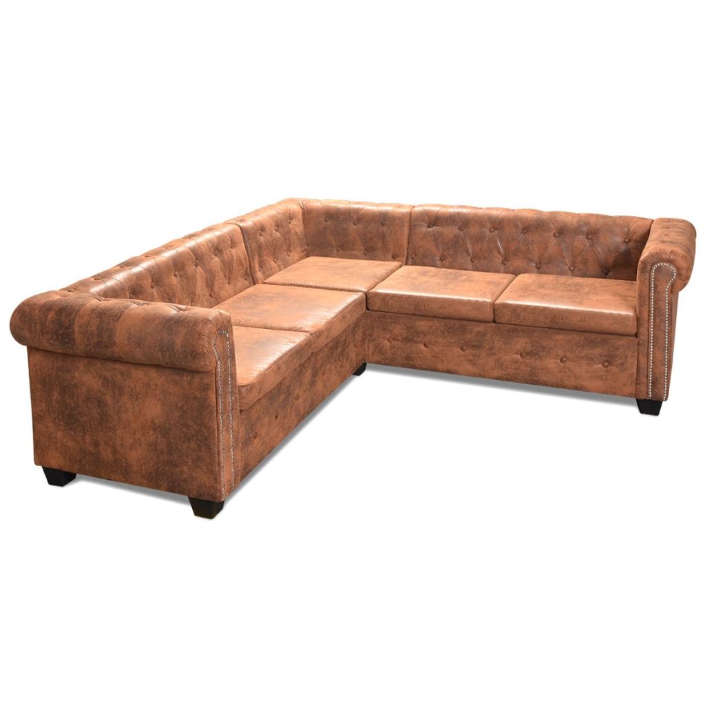  Chesterfield 5-sitssoffa konstläder brun