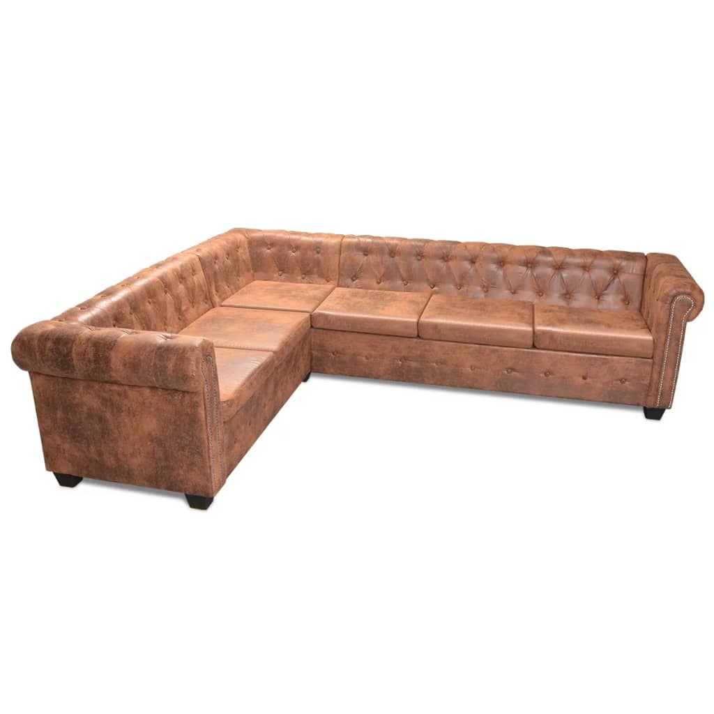  6-sitsig Chesterfield hörnsoffa konstläder brun