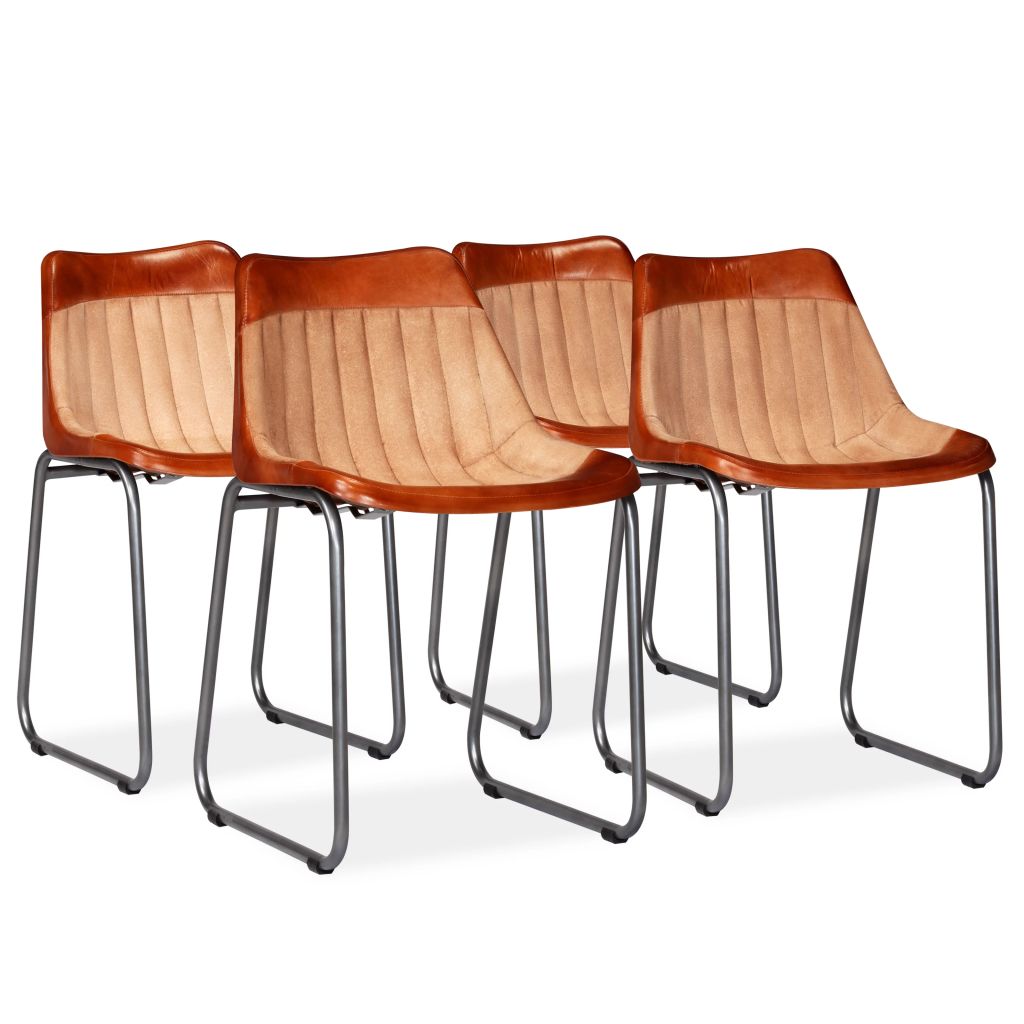  Matstolar 4 st brun och beige äkta läder och kanvastyg