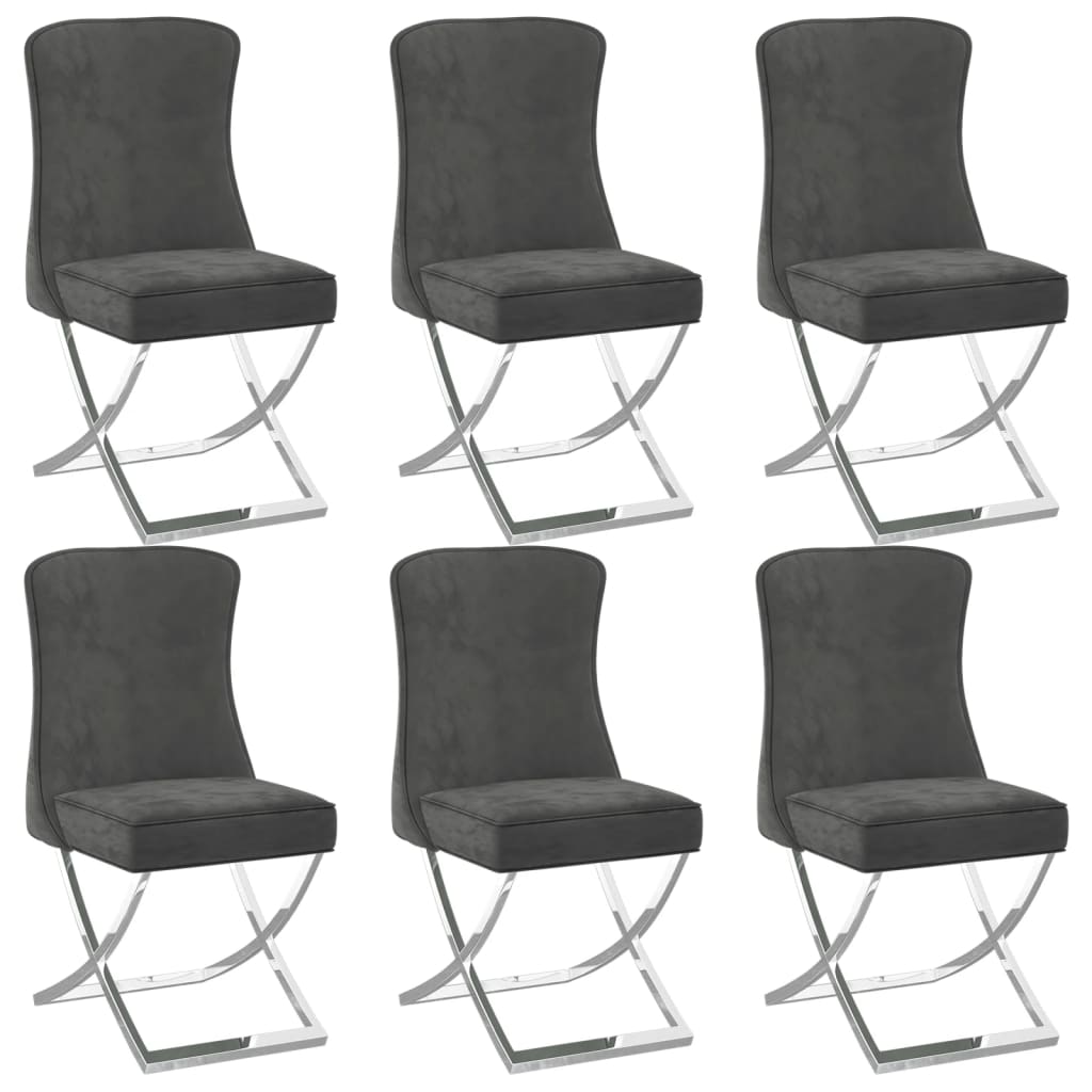  Matstolar 6 st grå 53x52x98 cm sammet & rostfritt stål