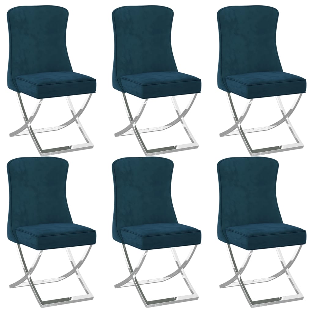  Matstolar 6 st blå 53x52x98 cm sammet & rostfritt stål