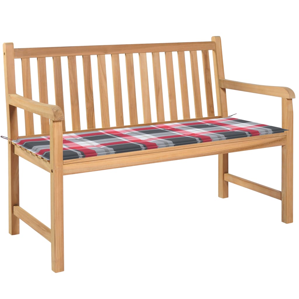  Trädgårdsbänk med dyna rött rutmönster 120 cm massiv teak