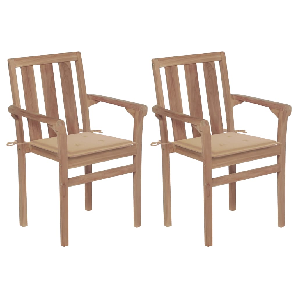  Trädgårdsstolar 2 st med beige dynor massivt teakträ