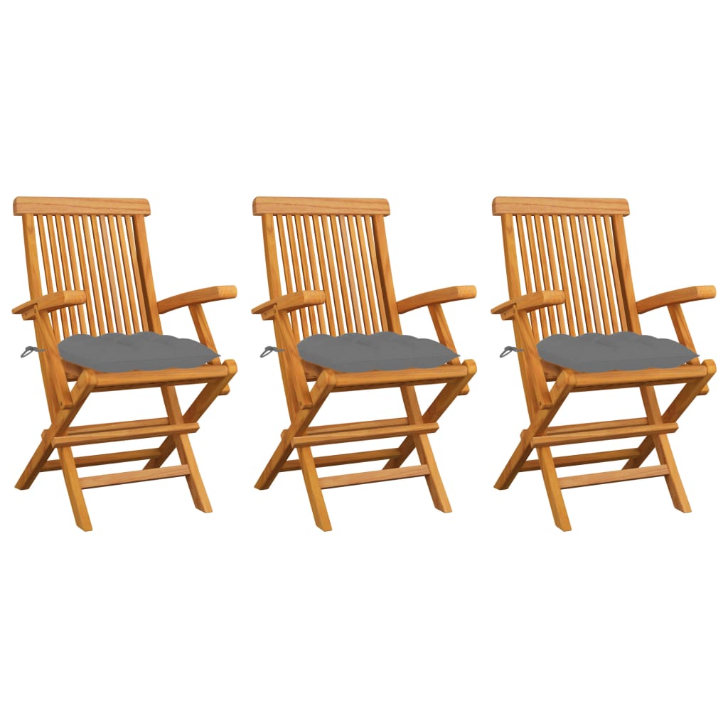  Trädgårdsstolar med gråa dynor 3 st massiv teak