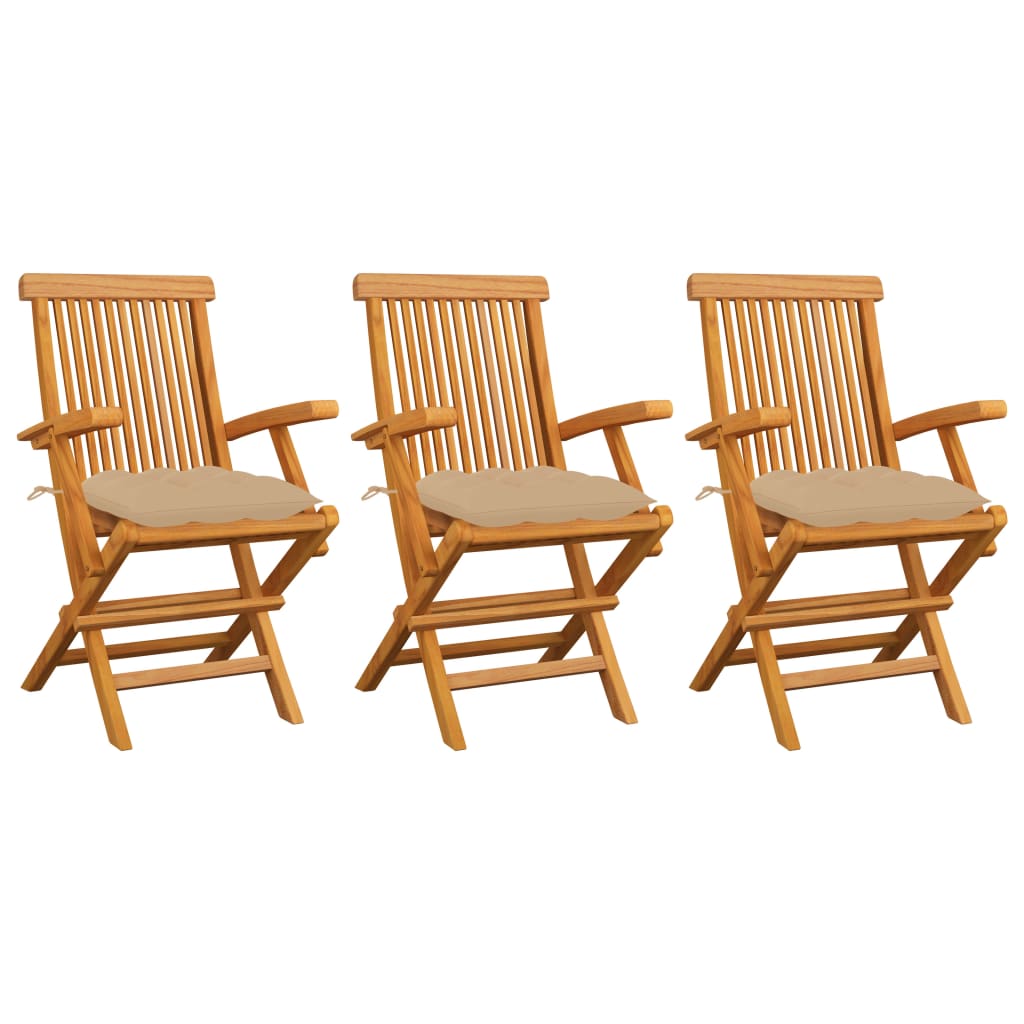  Trädgårdsstolar med beige dynor 3 st massiv teak