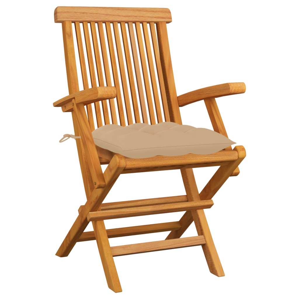  Trädgårdsstolar med beige dynor 3 st massiv teak