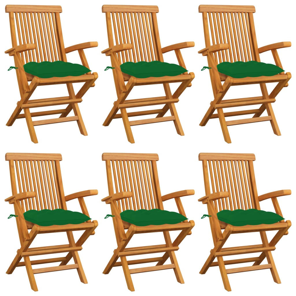  Trädgårdsstolar med gröna dynor 6 st massiv teak