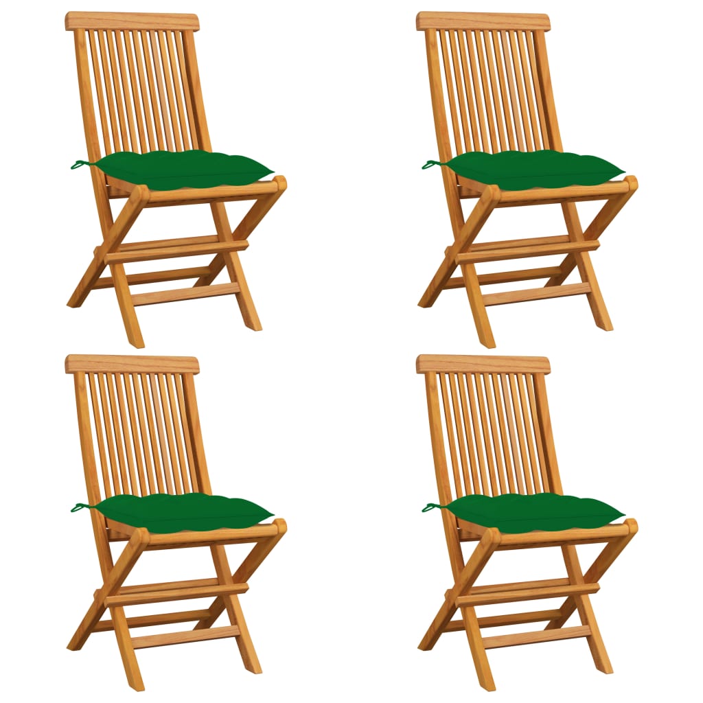  Trädgårdsstolar med gröna dynor 4 st massiv teak