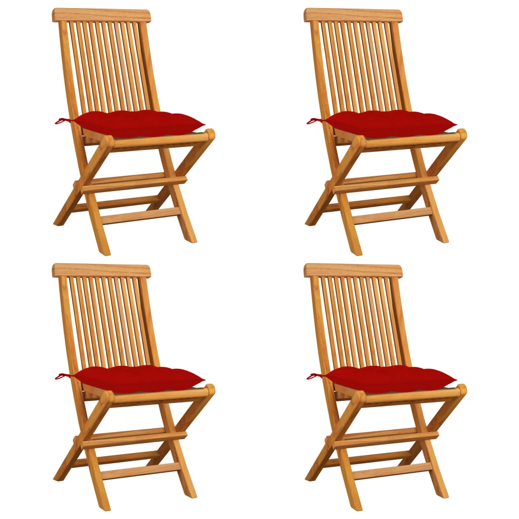  Trädgårdsstolar med röda dynor 4 st massiv teak