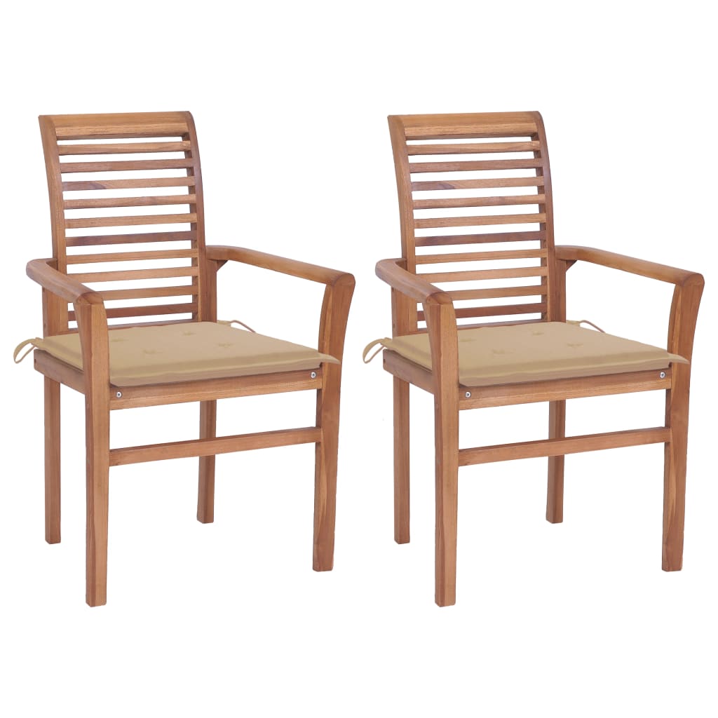  Matstolar 2 st med dynor beige massiv teak