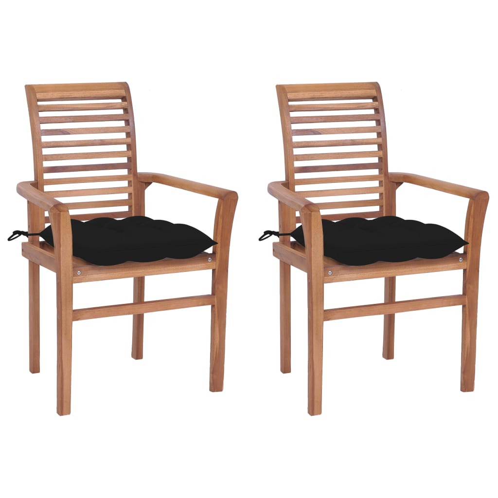  Matstolar 2 st med svarta dynor massiv teak