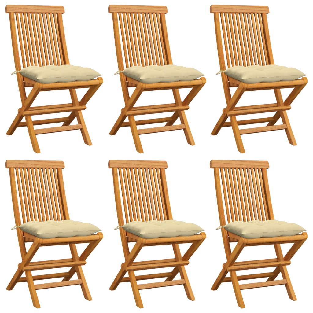  Trädgårdsstolar 6 st med gräddvita dynor massiv teak