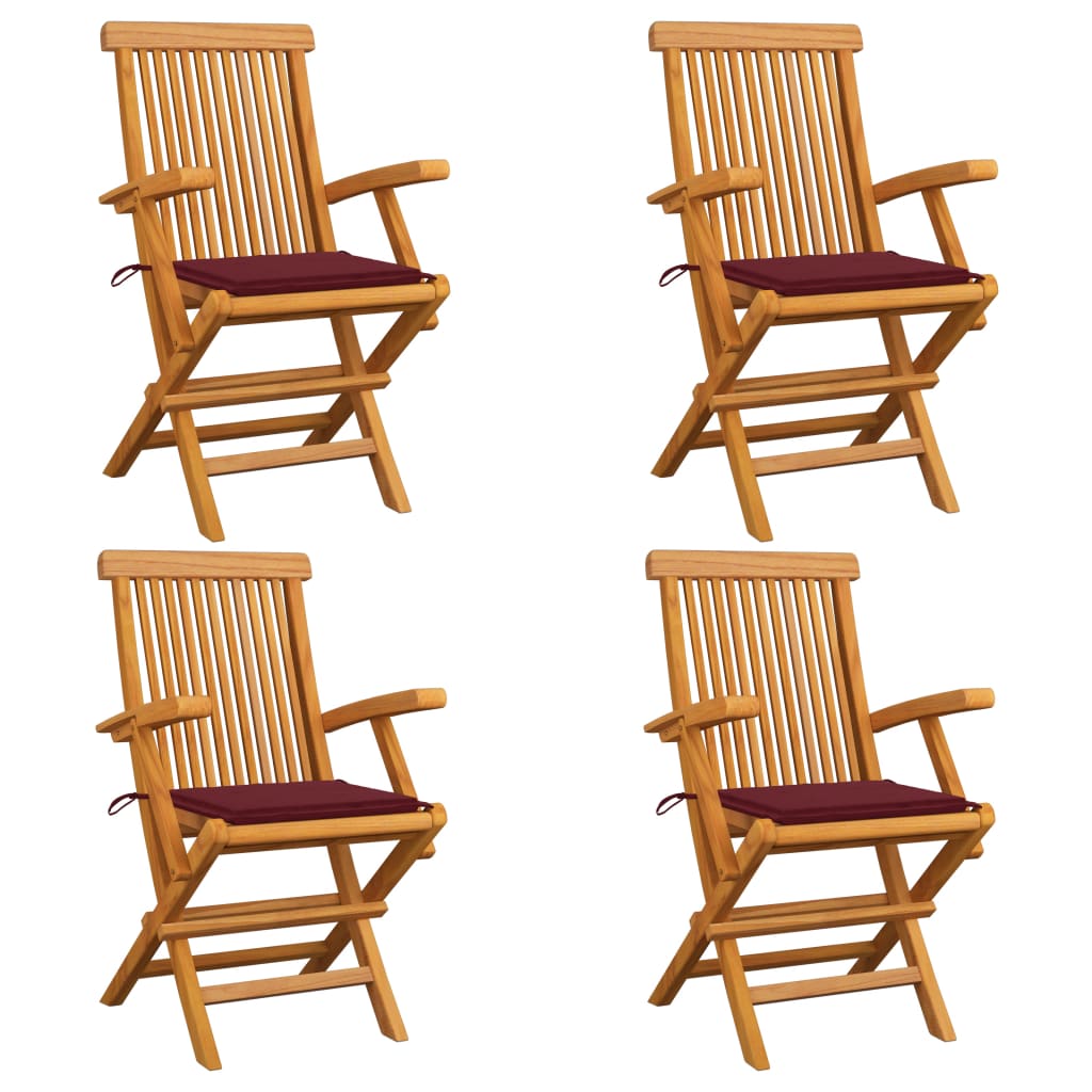  Trädgårdsstolar med vinröda dynor 4 st massiv teak
