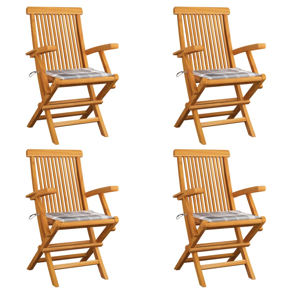 Trädgårdsstolar med dynor grått rutmönster 4 st massiv teak