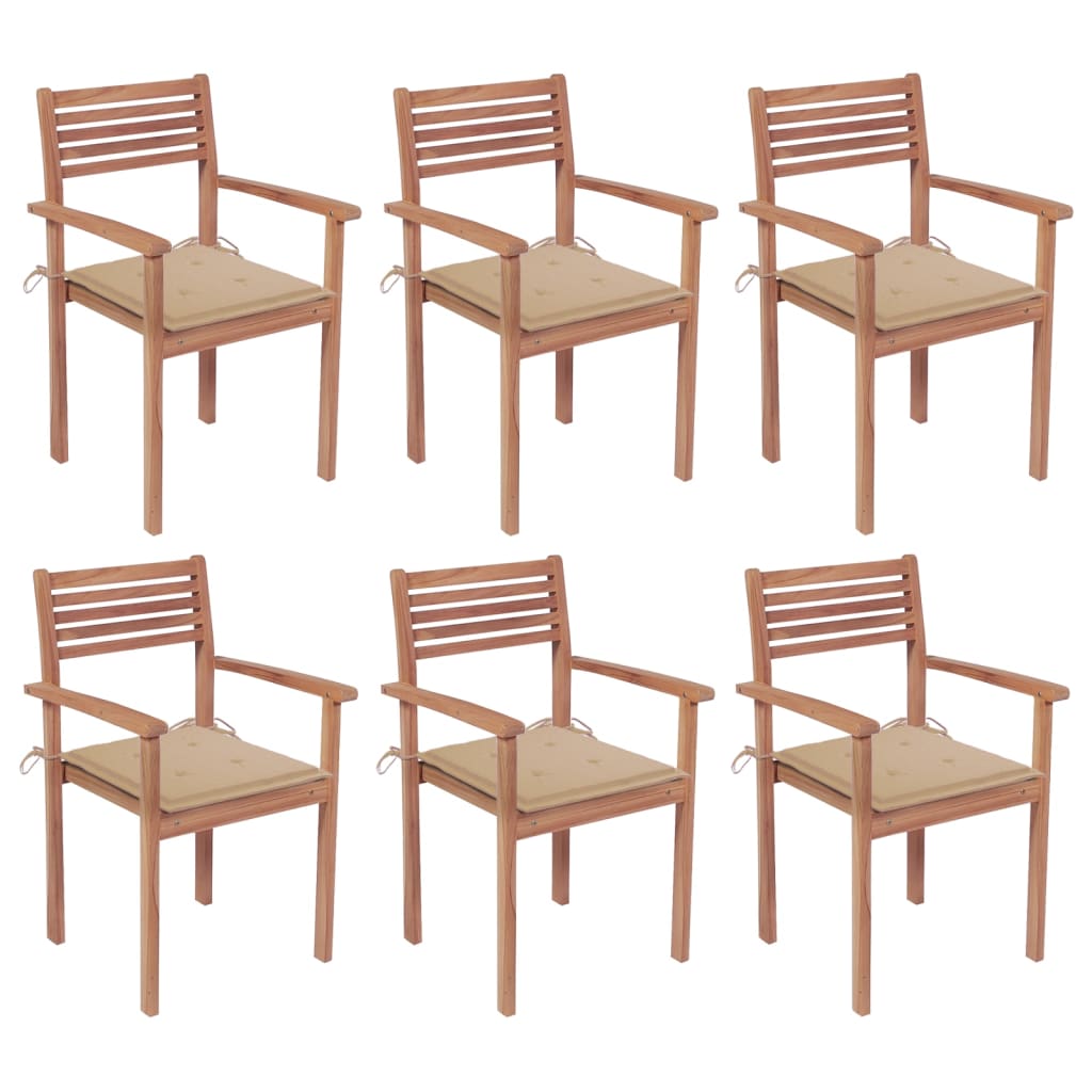  Stapelbara trädgårdsstolar med dynor 6 st massiv teak