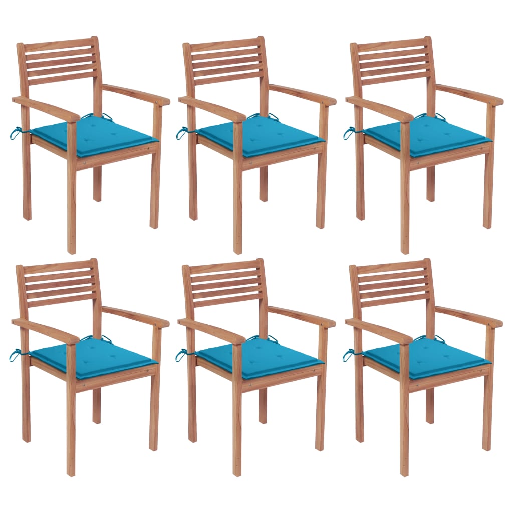  Stapelbara trädgårdsstolar med dynor 6 st massiv teak