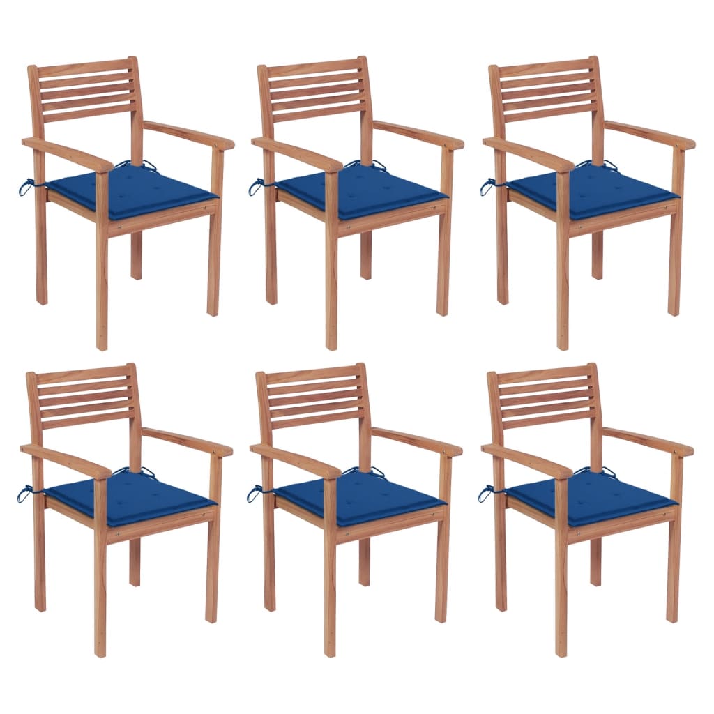  Stapelbara trädgårdsstolar med dynor 6 st massiv teak