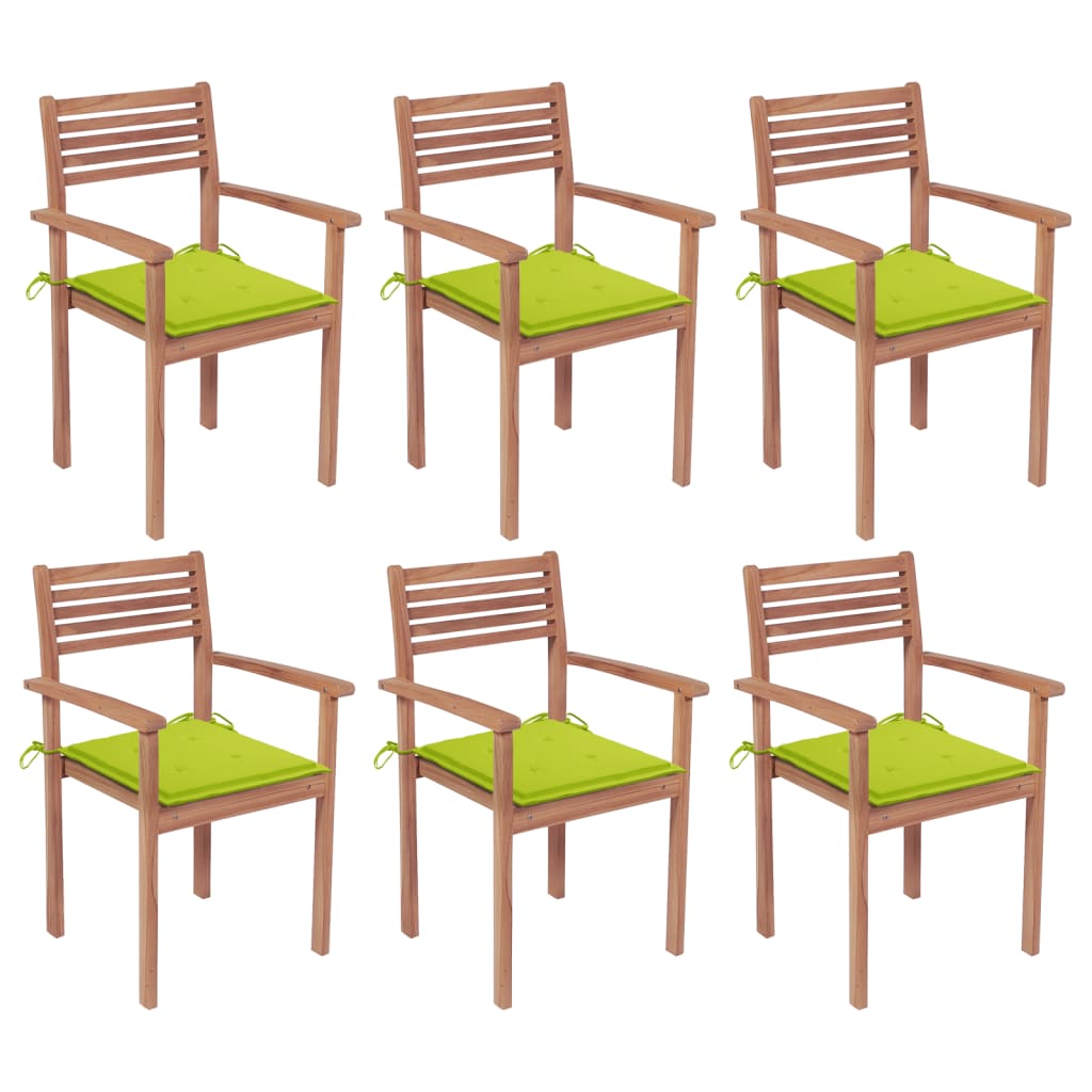  Stapelbara trädgårdsstolar med dynor 6 st massiv teak