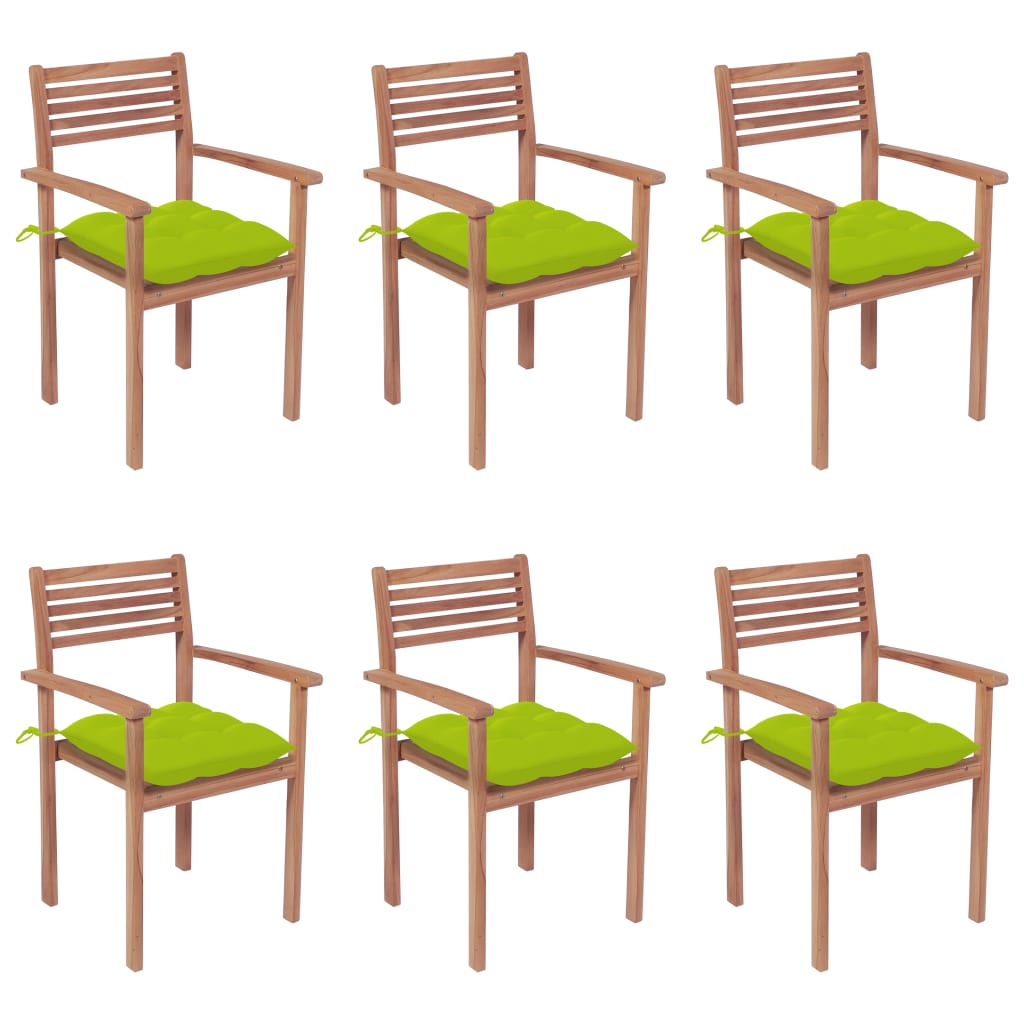  Stapelbara trädgårdsstolar med dynor 6 st massiv teak