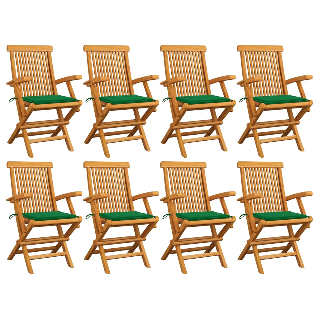  Trädgårdsstolar med gröna dynor 8 st massiv teak