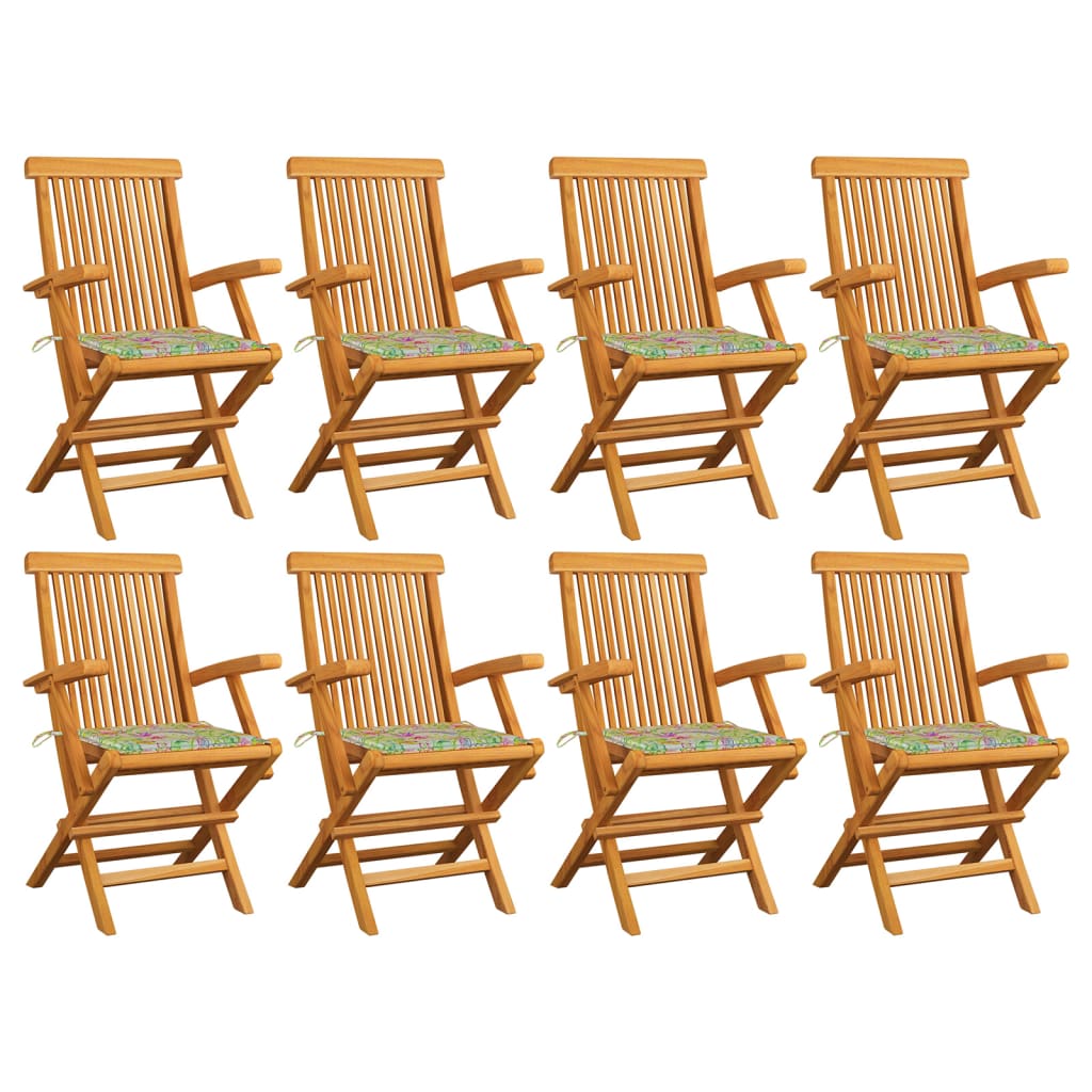  Trädgårdsstolar med dynor bladmönster 8 st massiv teak