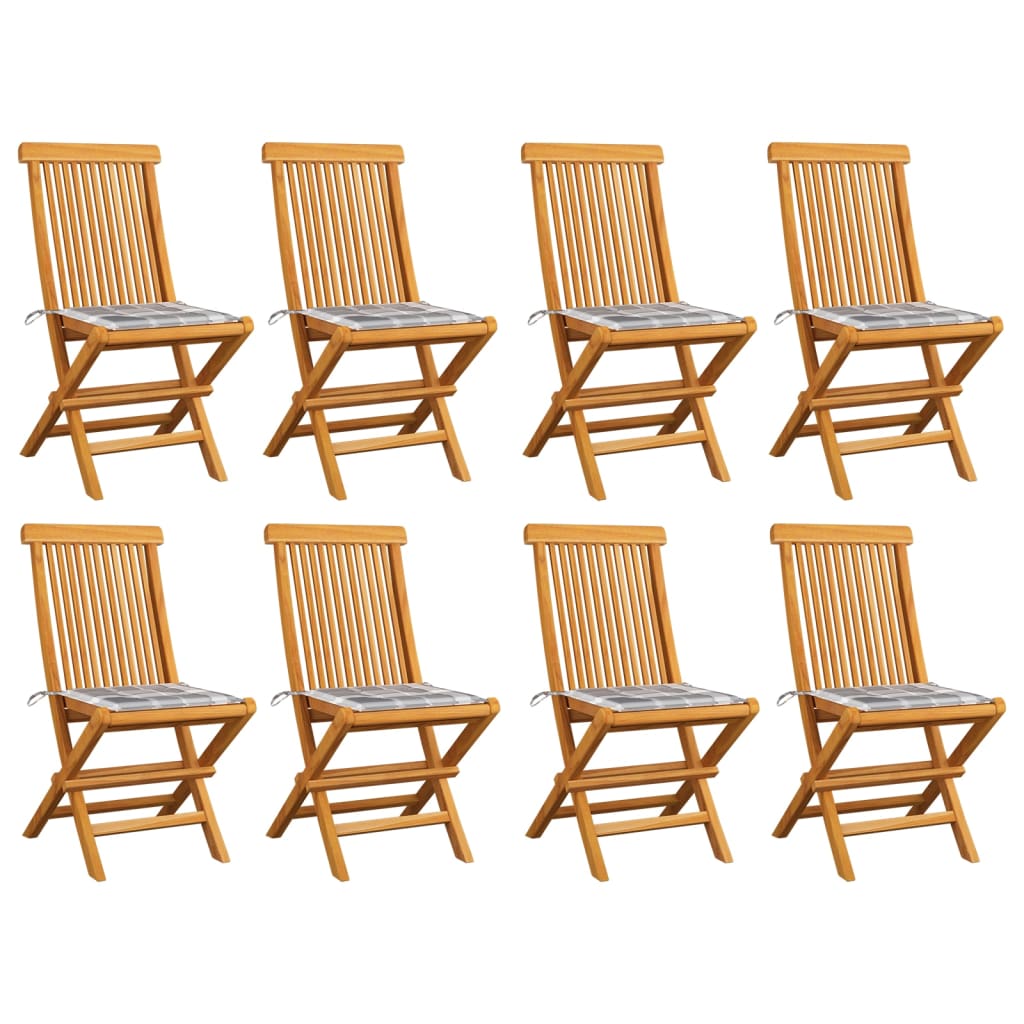  Trädgårdsstolar med grårutiga dynor 8 st massiv teak