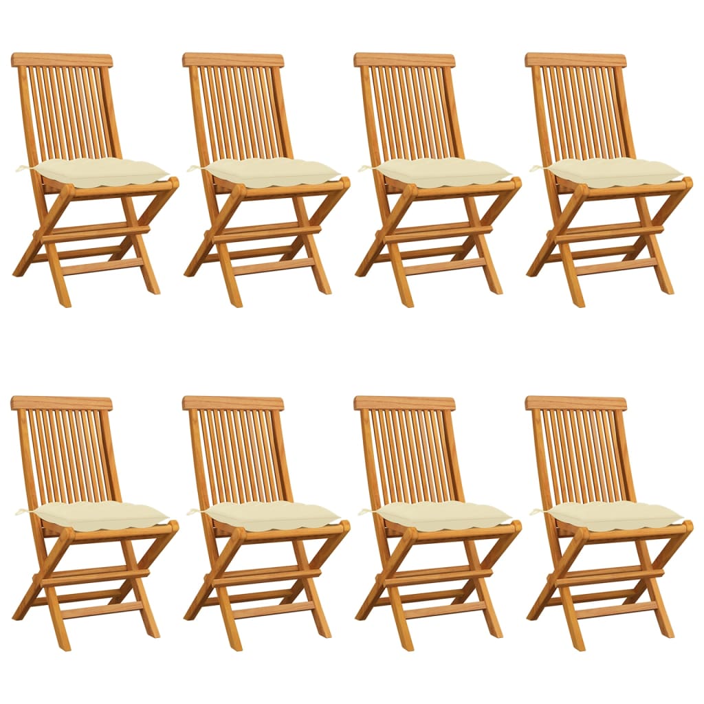  Trädgårdsstolar med gräddvita dynor 8 st massiv teak