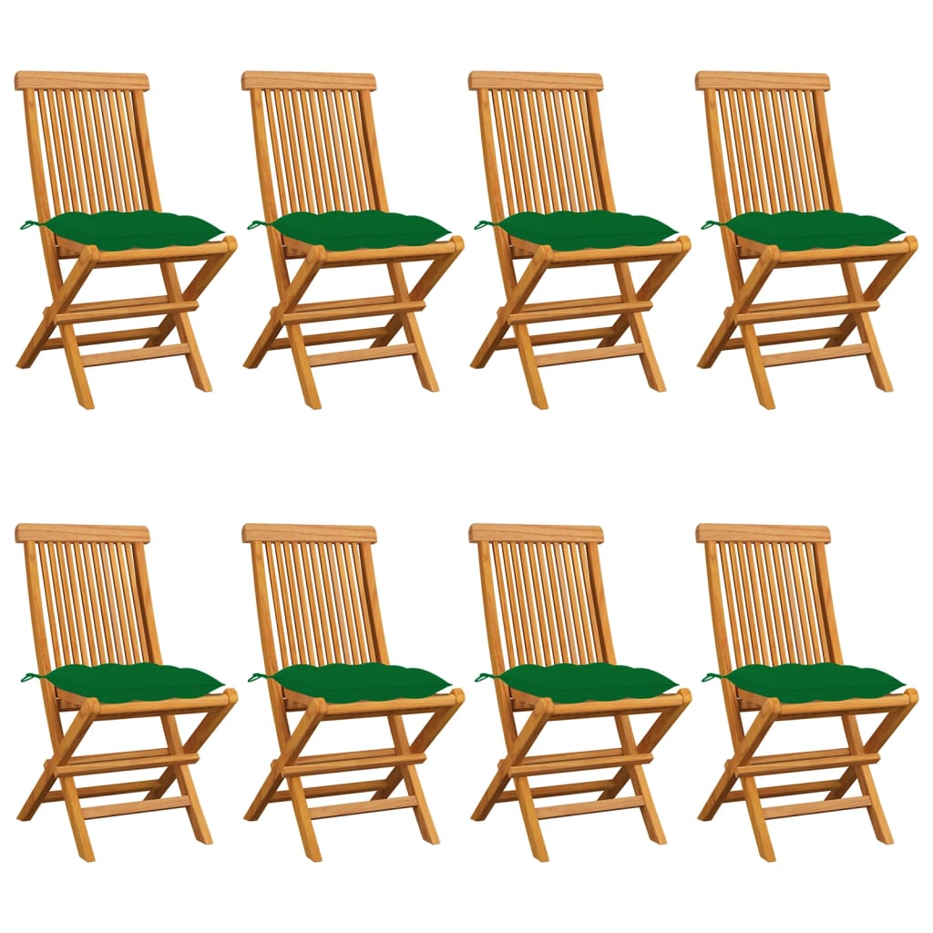  Trädgårdsstolar med gröna dynor 8 st massiv teak