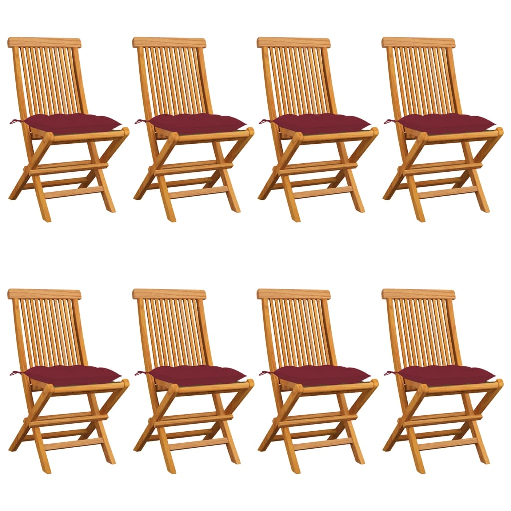  Trädgårdsstolar med vinröda dynor 8 st massiv teak