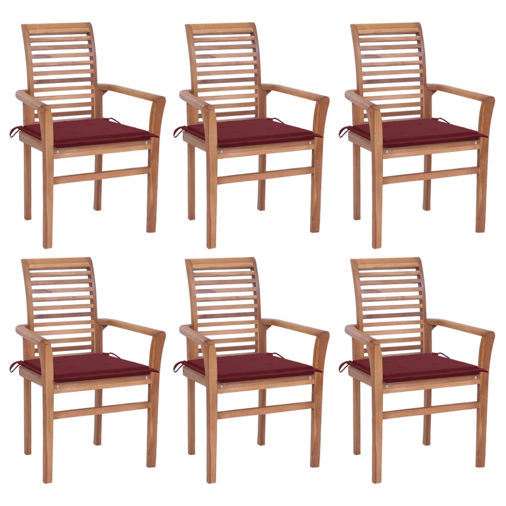  Matstolar 6 st med vinröda dynor massiv teak
