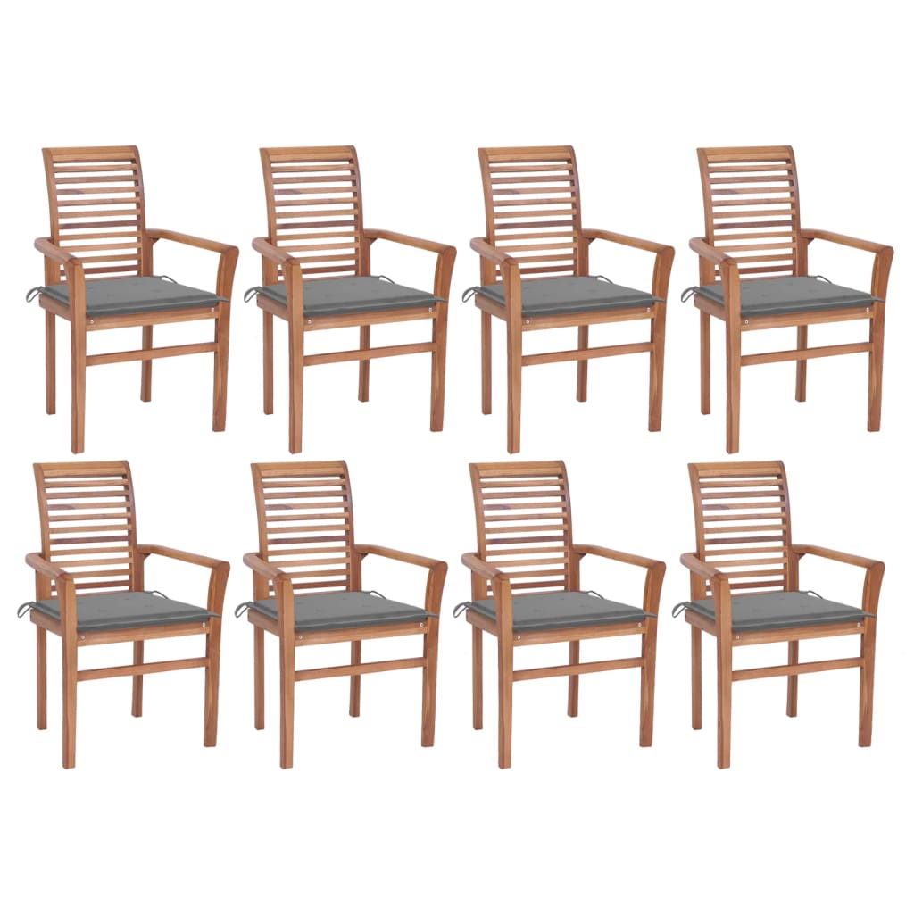  Matstolar 8 st med gråa dynor massiv teak