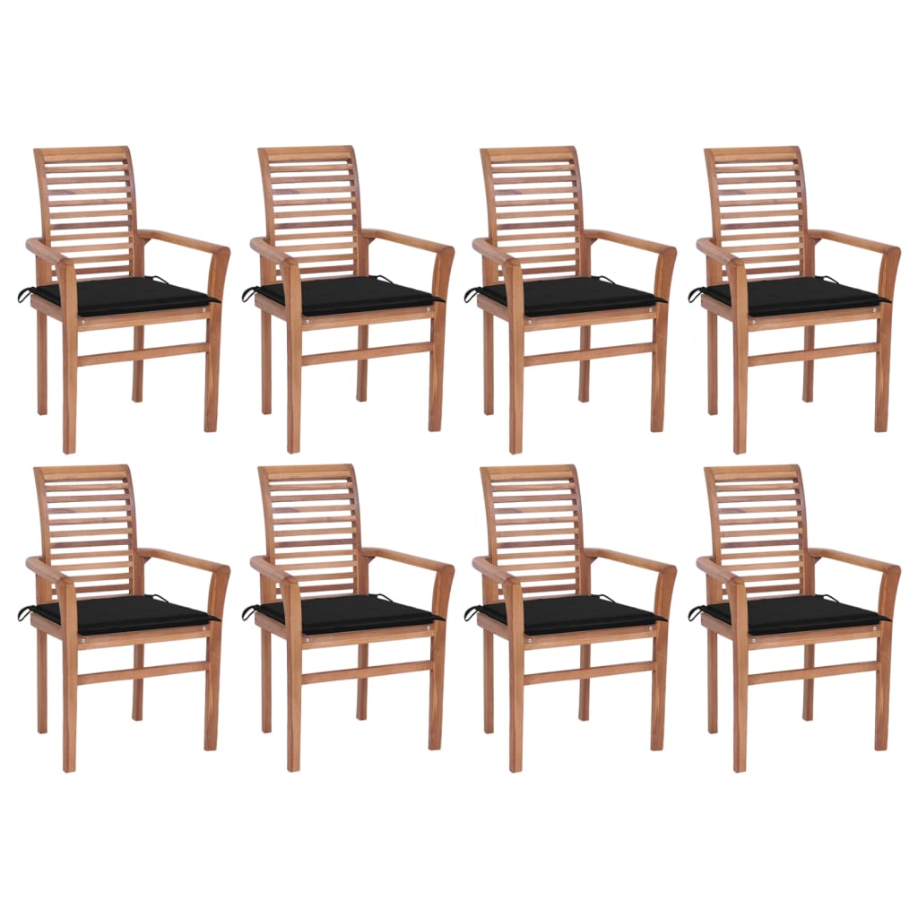  Matstolar 8 st med svarta dynor massiv teak