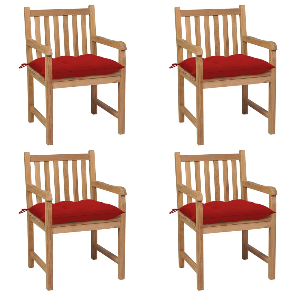 Trädgårdsstolar med röda dynor 4 st massiv teak