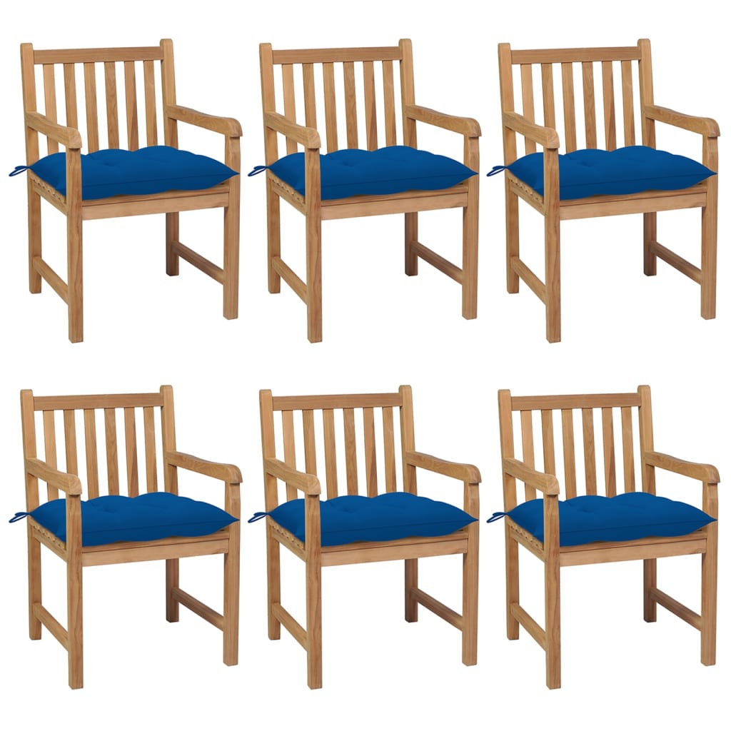  Trädgårdsstolar 6 st med blåa dynor massiv teak
