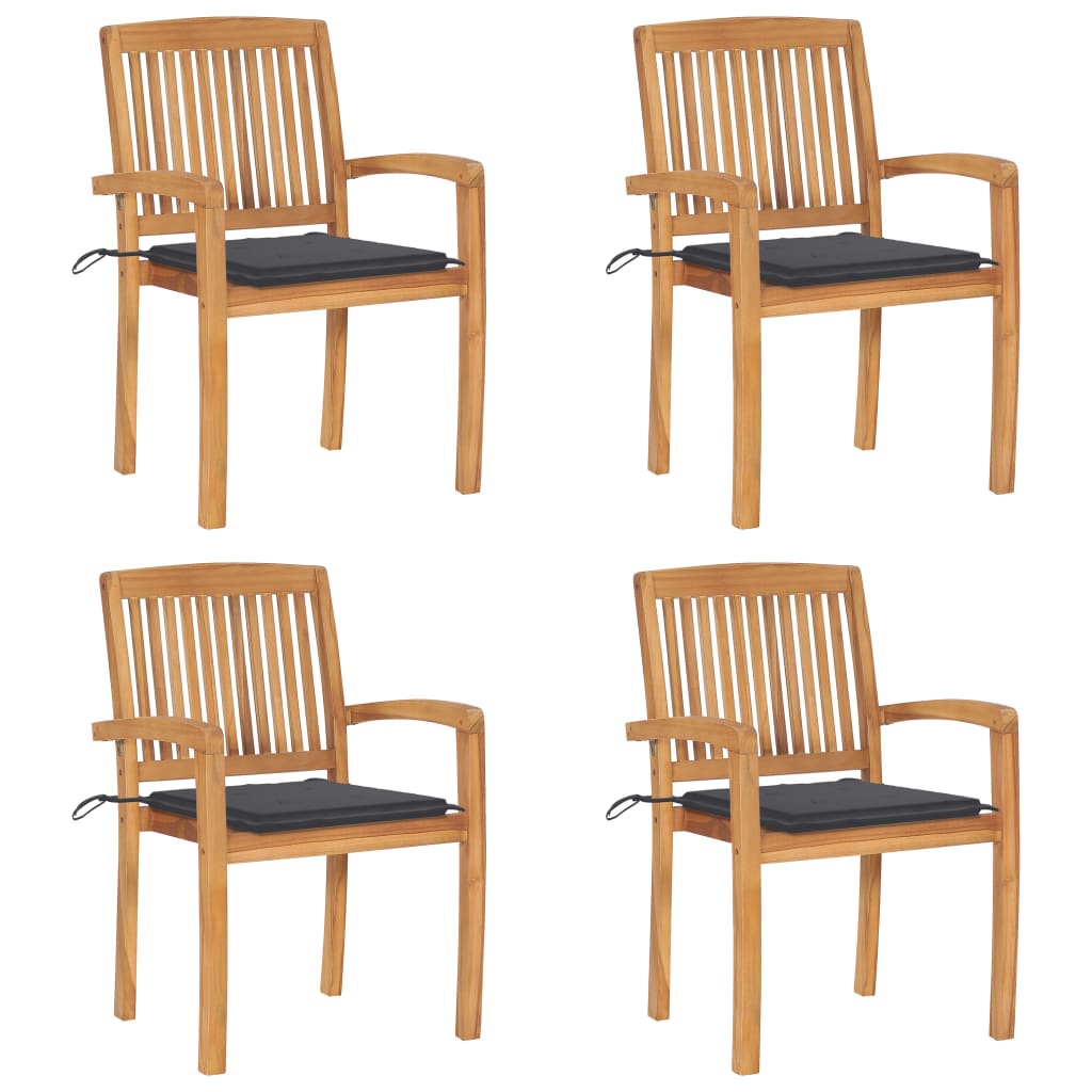  Stapelbara trädgårdsstolar med dynor 4 st massiv teak