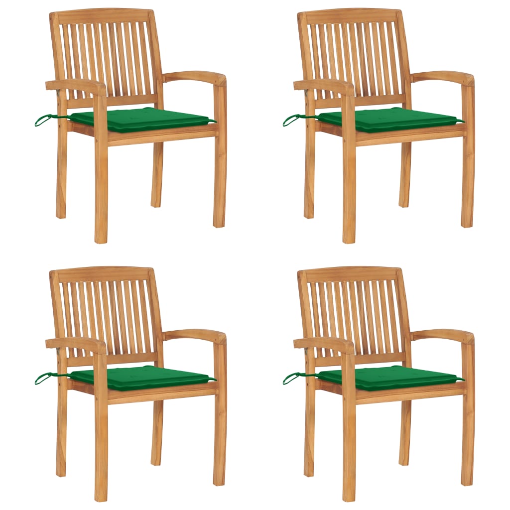  Stapelbara trädgårdsstolar med dynor 4 st massiv teak