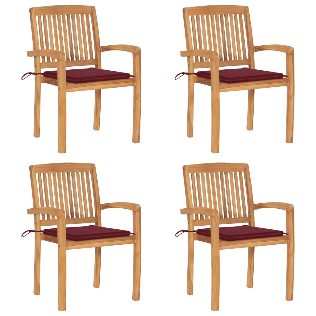  Stapelbara trädgårdsstolar med dynor 4 st massiv teak