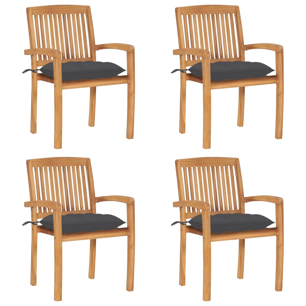  Stapelbara trädgårdsstolar med dynor 4 st massiv teak