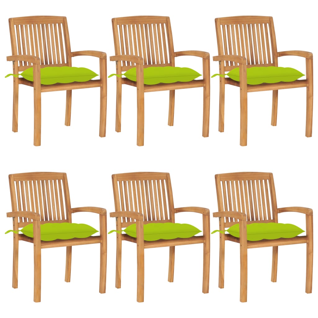  Stapelbara trädgårdsstolar med dynor 6 st massiv teak