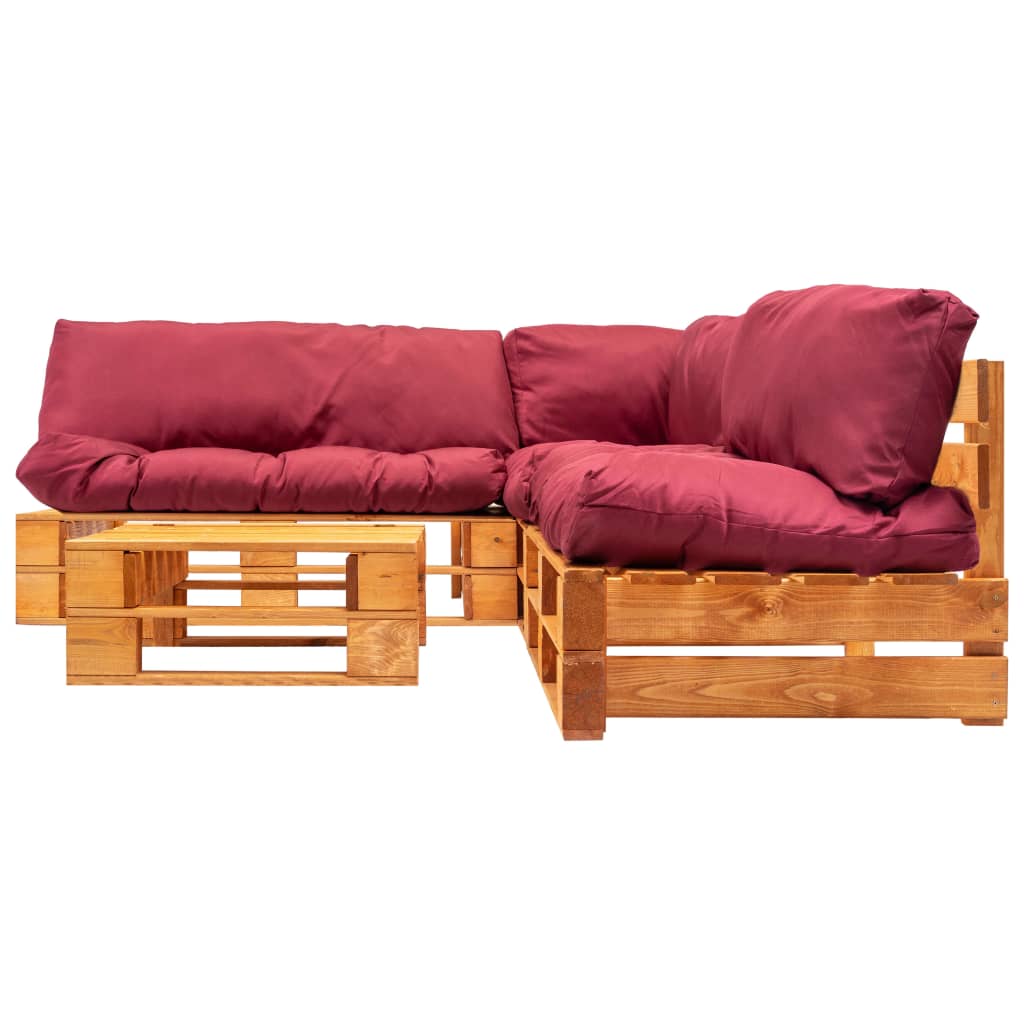  Pallsoffa 4 delar med röda dynor trä