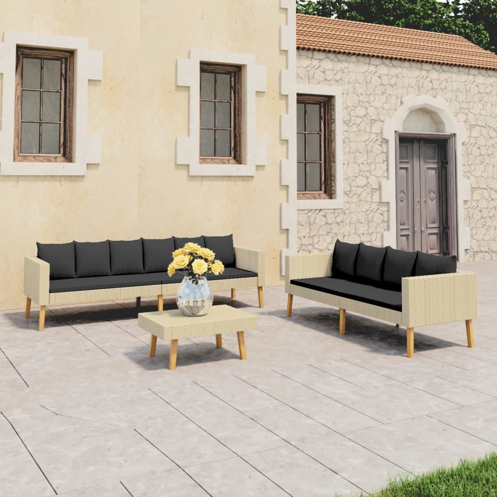  Loungegrupp för trädgården med dynor 3 delar konstrotting beige