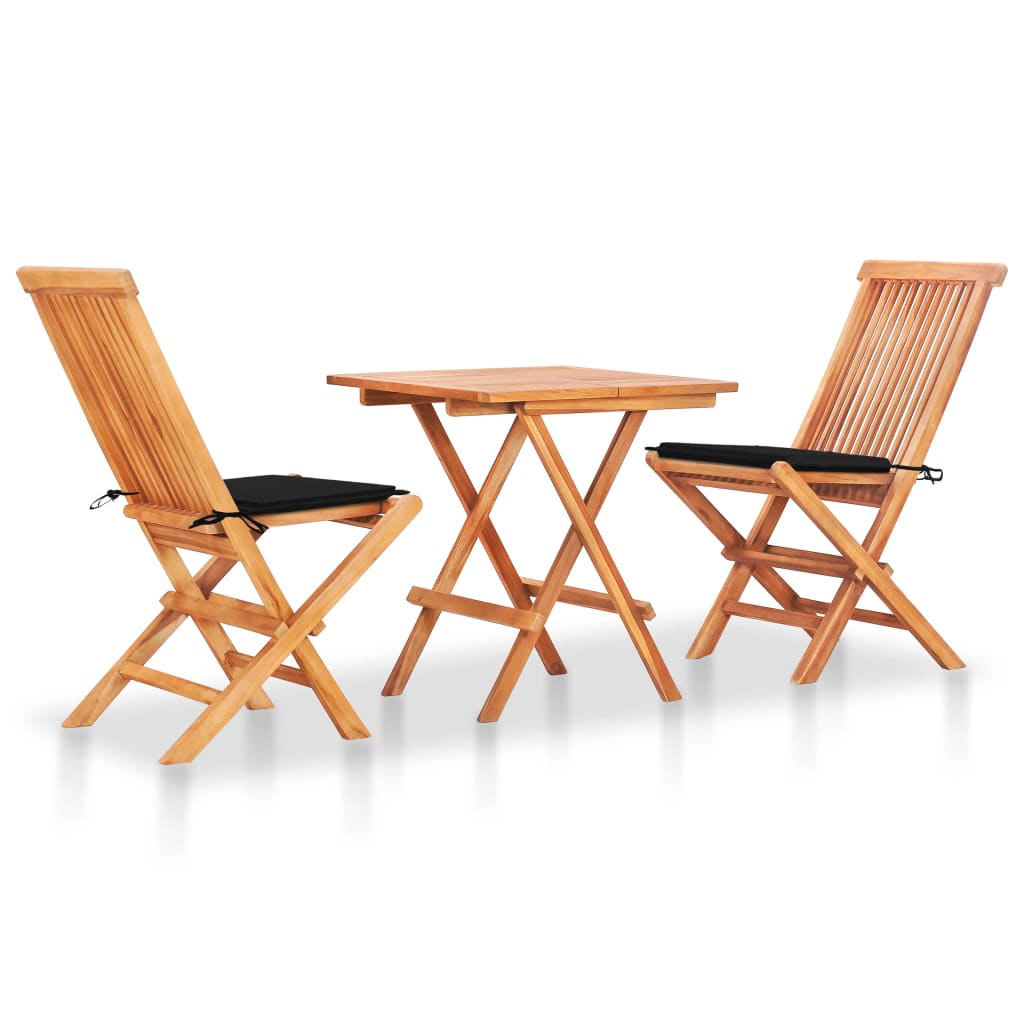  Caféset 3 delar med svarta dynor massiv teak