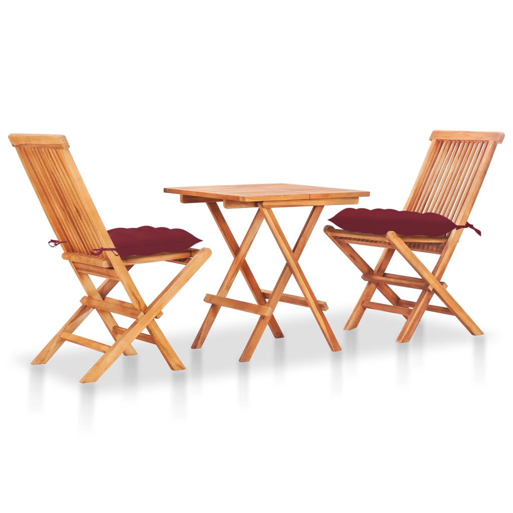  Caféset 3 delar med vinröda dynor massiv teak
