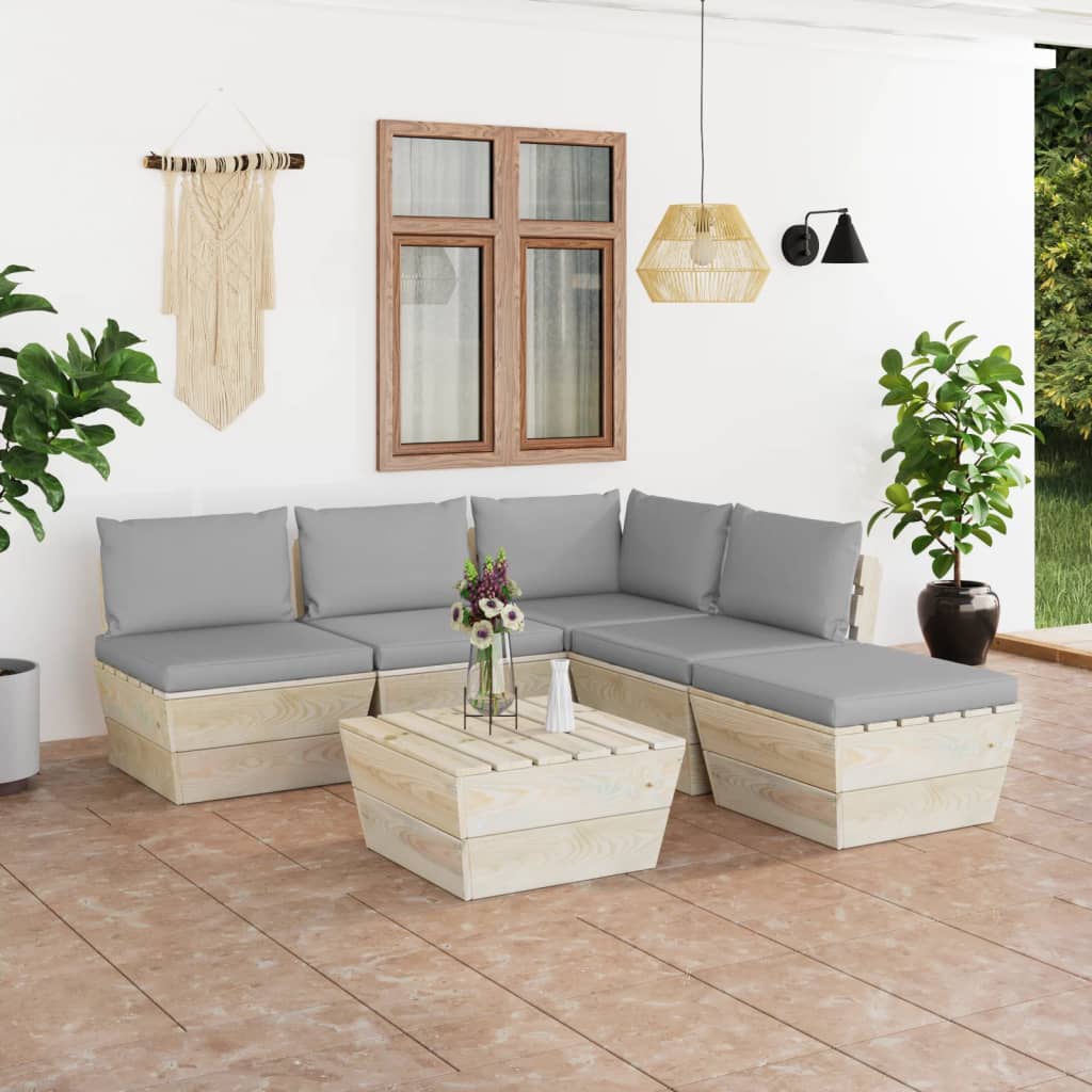  Pallsoffa för trädgården med dynor 6 delar granträ