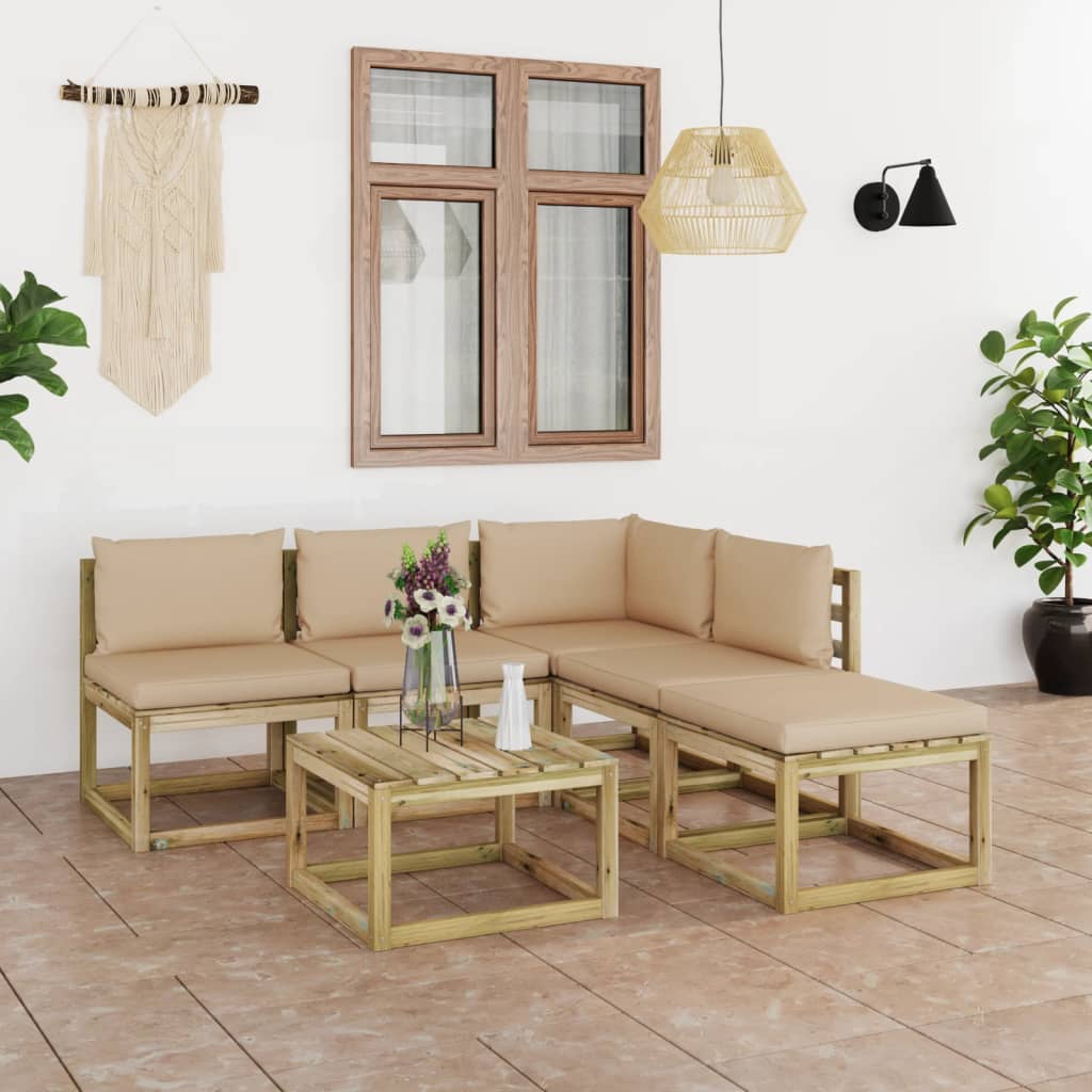  Loungegrupp med beige dynor 6 delar